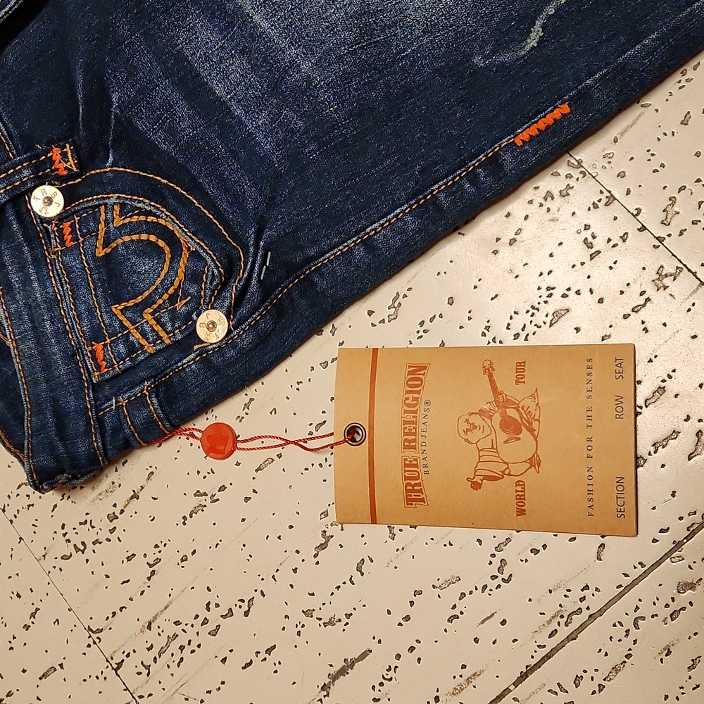 True Religion Dark Blue Distressed Billy Super T Slim Straight Leg Jeans BNWT - Picture 5 of 10
